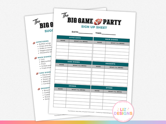 "The Big Game" Football Watch Party Sign Up Sheet