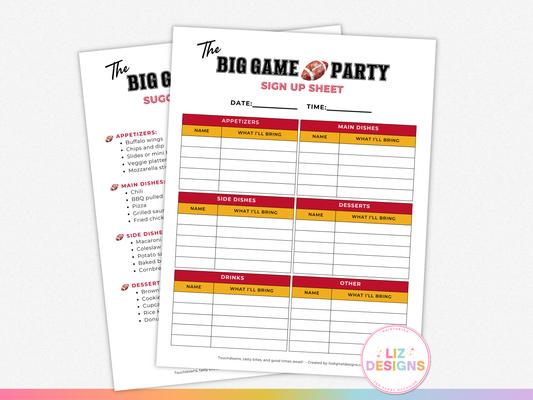 "The Big Game" Football Watch Party Sign Up Sheet