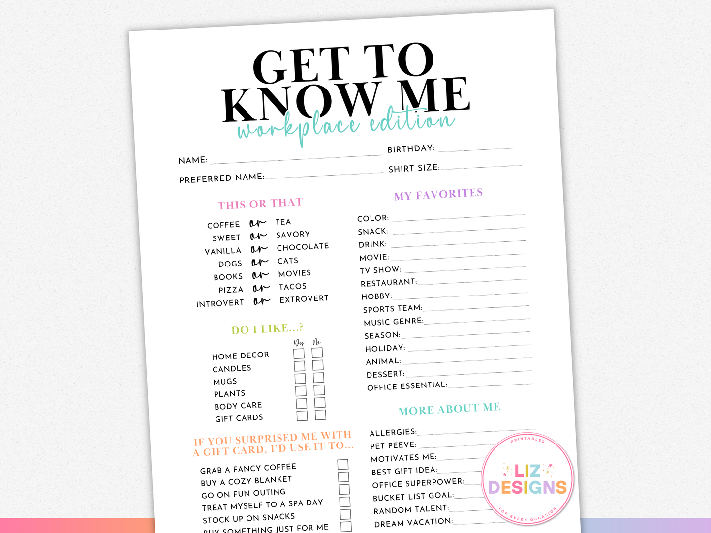 Get to Know Me Questionnaire (Workplace Edition)