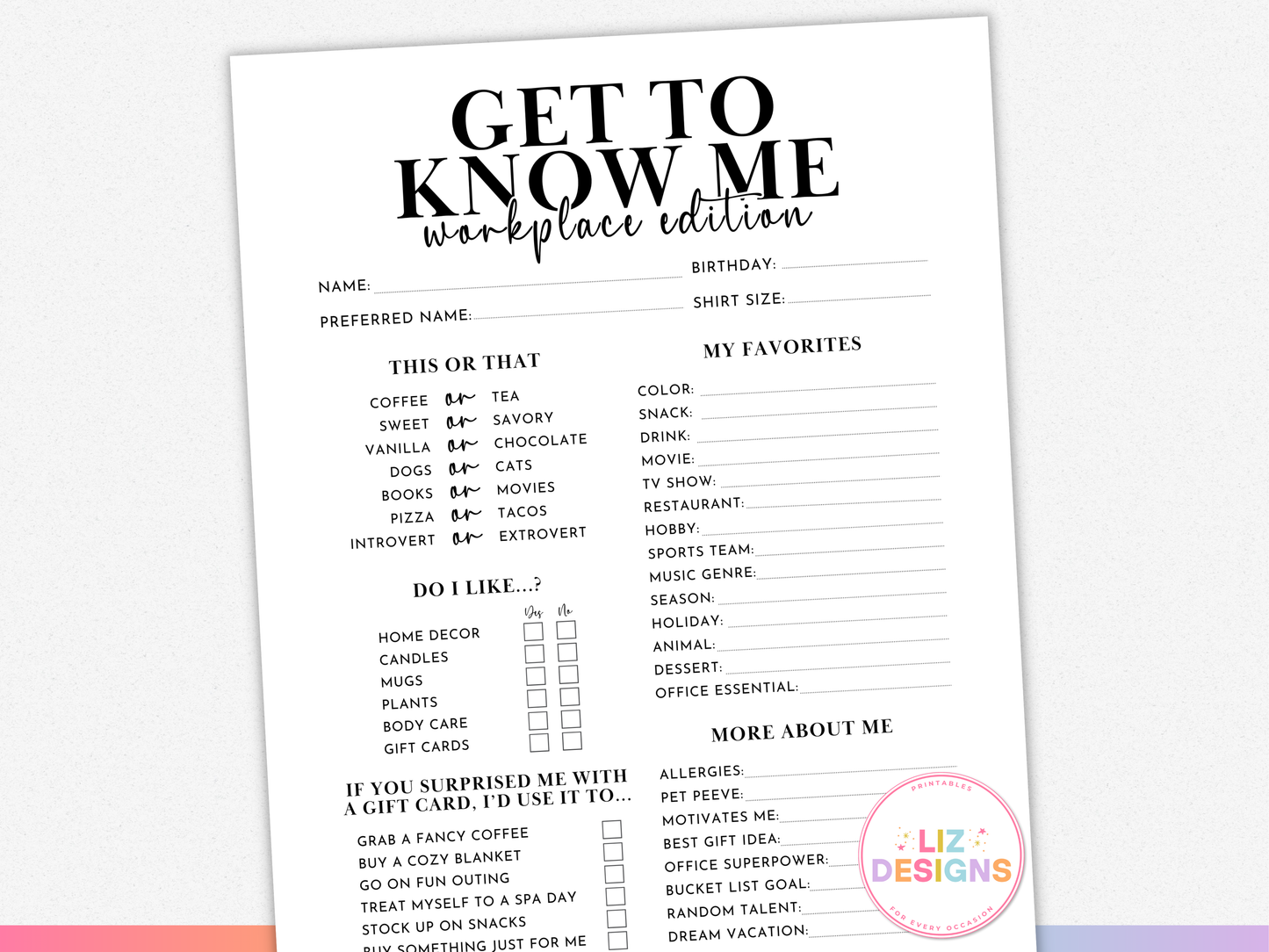 Get to Know Me Questionnaire (Workplace Edition)