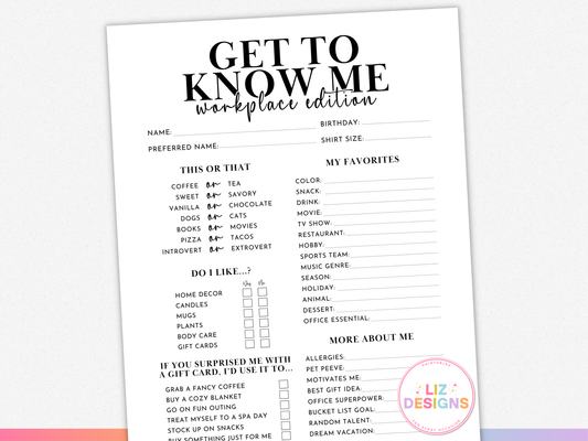 Get to Know Me Questionnaire (Workplace Edition)