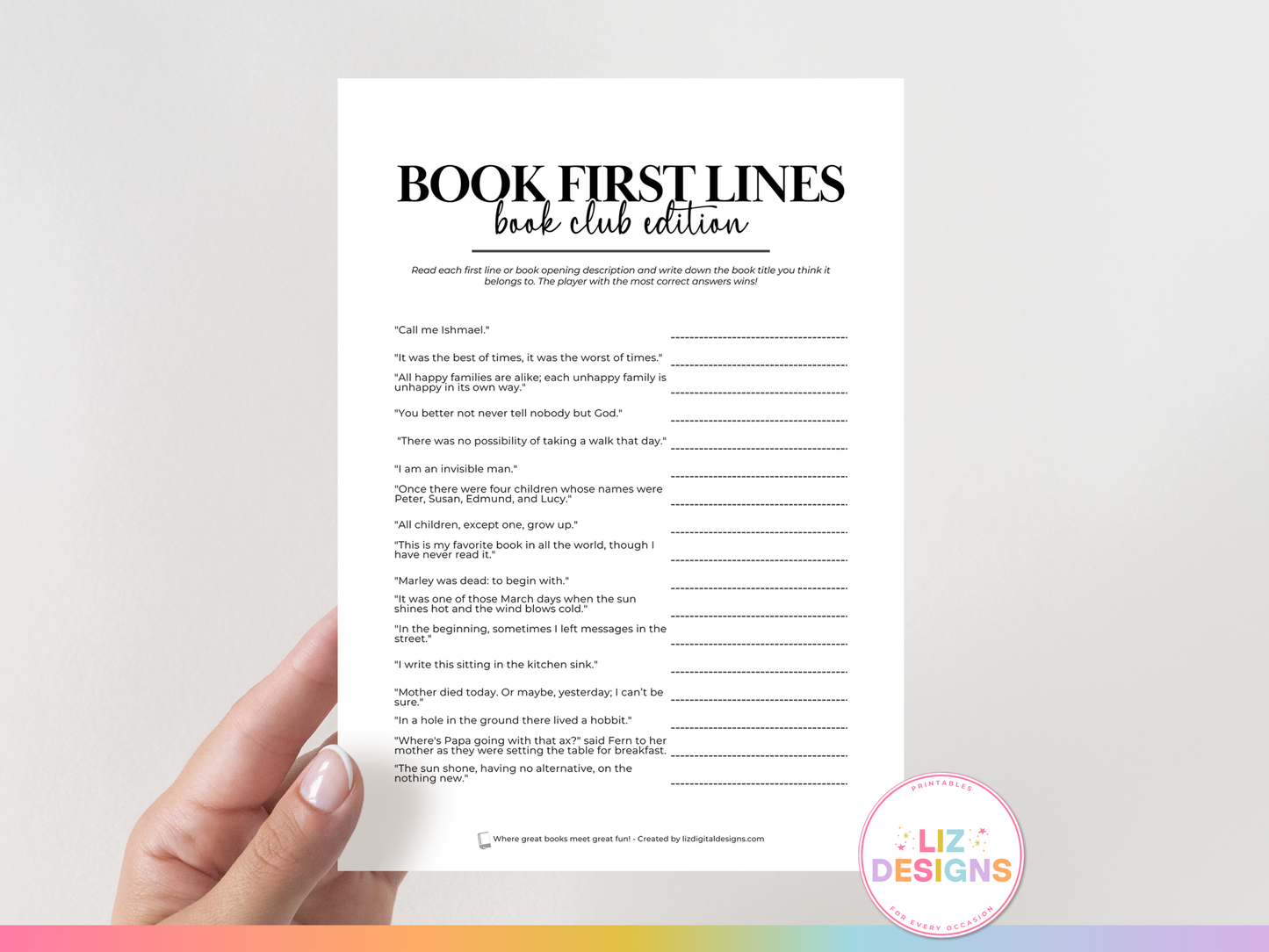 Book First Lines Trivia - Book Club Edition