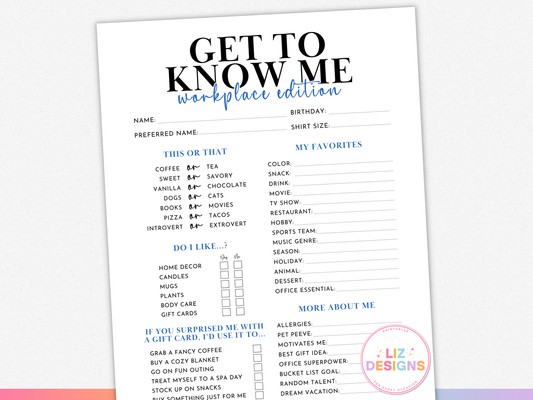Get to Know Me Questionnaire (Workplace Edition)