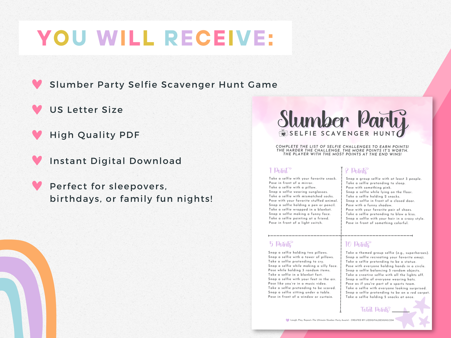 Slumber Party Selfie Scavenger Hunt