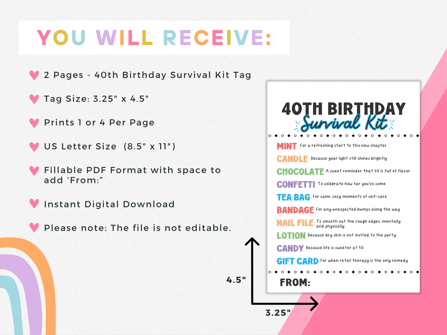 40th Birthday Survival Kit Tags