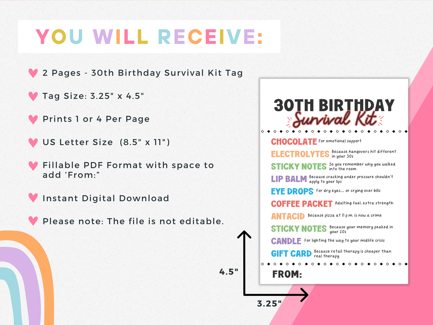 30th Birthday Survival Kit Tags