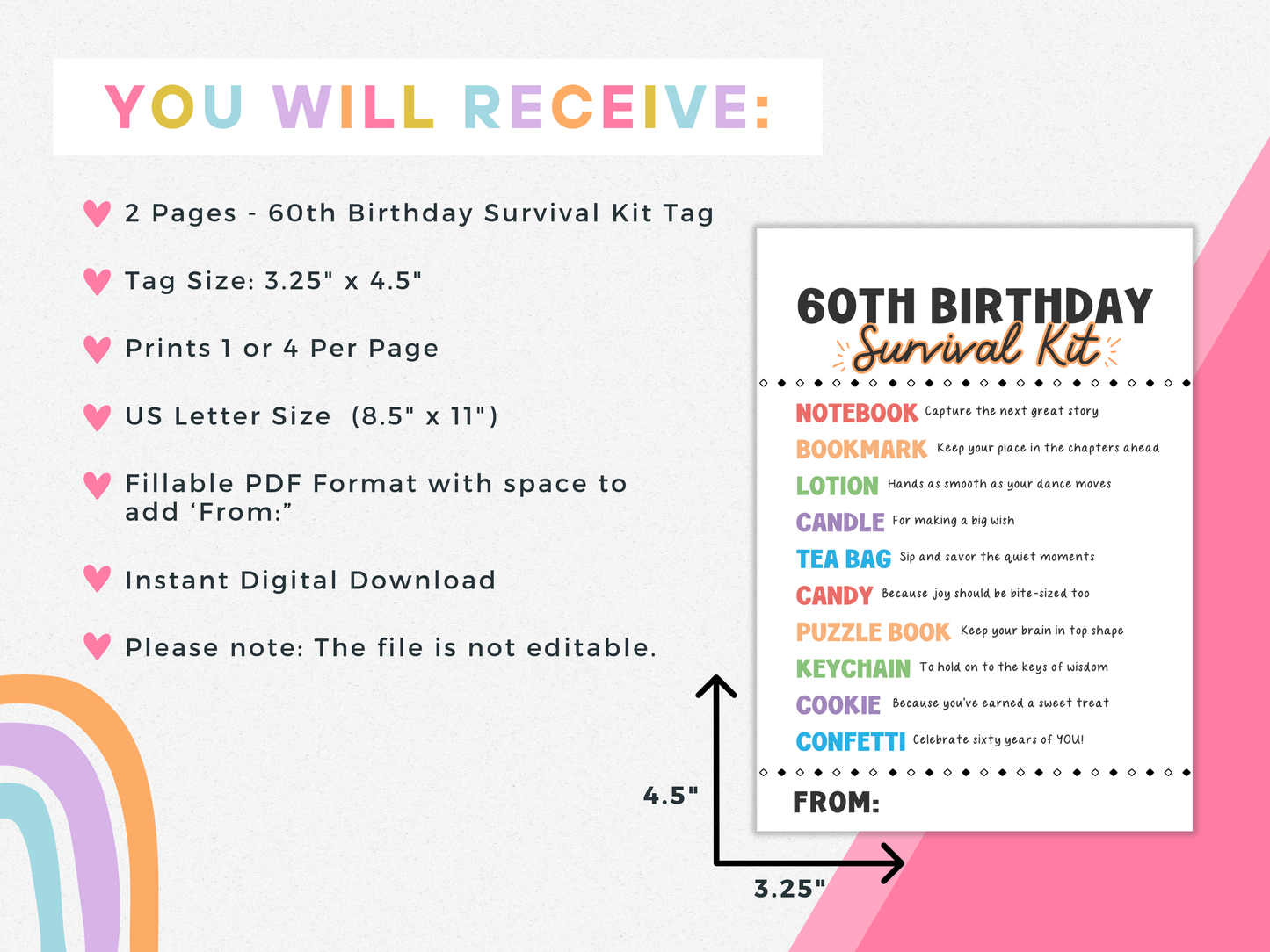 60th Birthday Survival Kit Tags