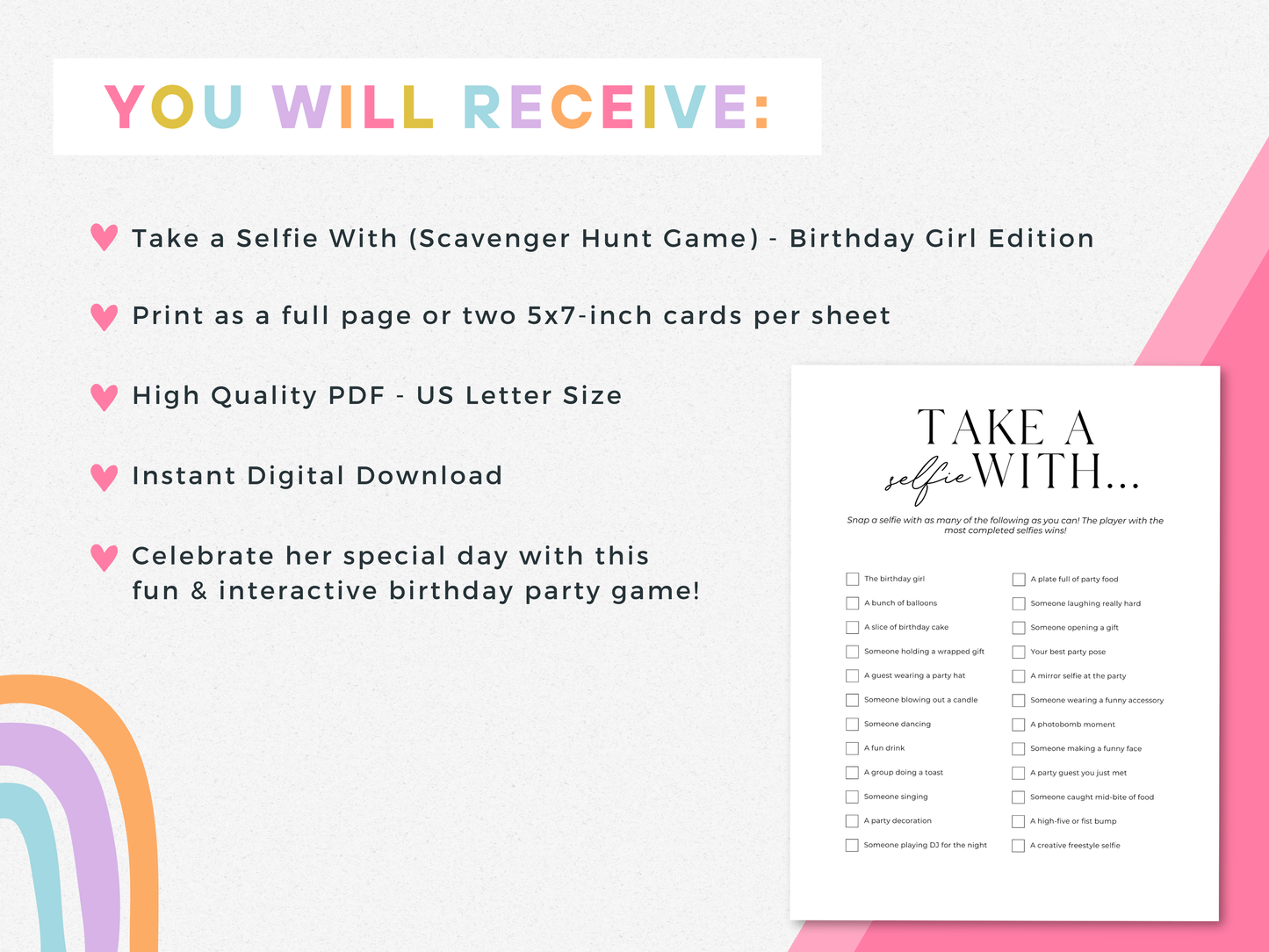 Take a Selfie With (Scavenger Hunt Game) - Birthday Girl Edition