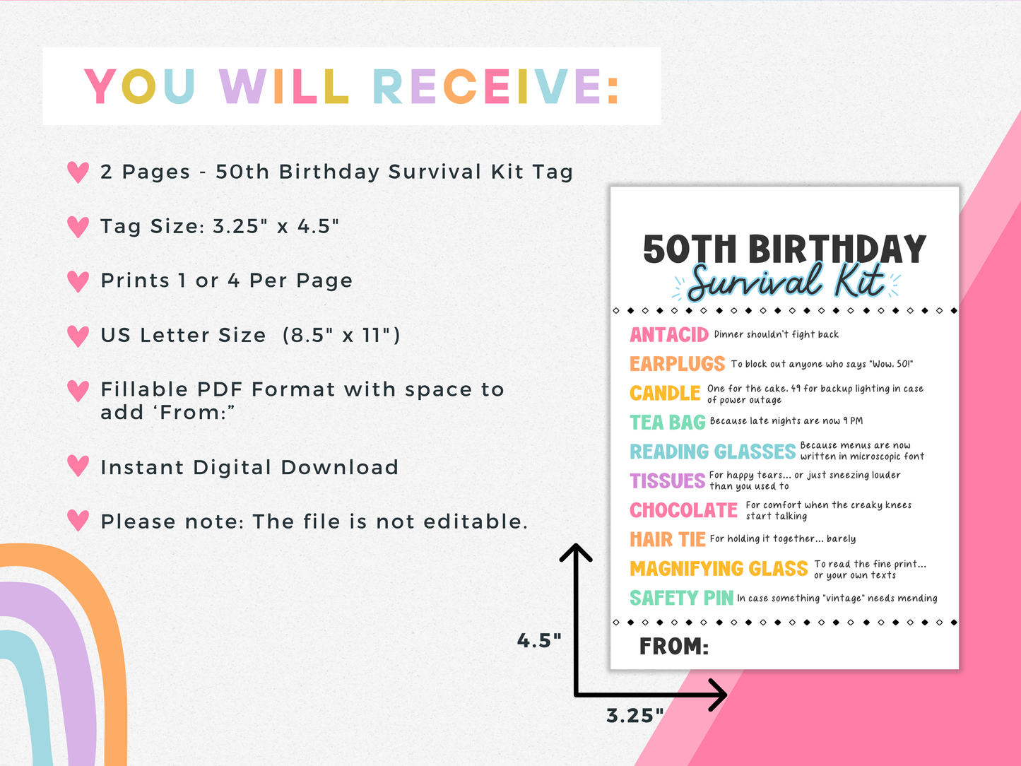 50th Birthday Survival Kit Tags