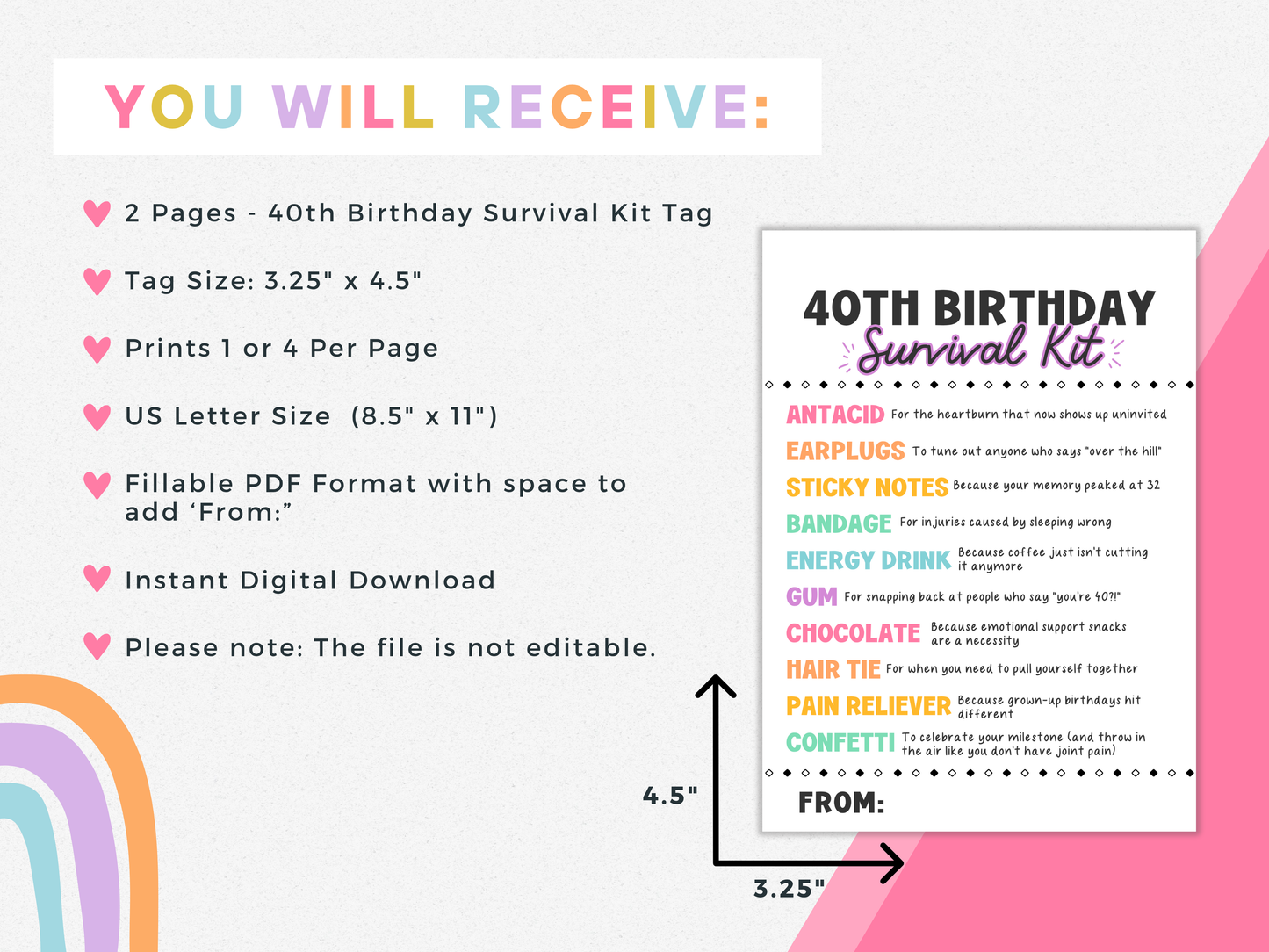 40th Birthday Survival Kit Tags