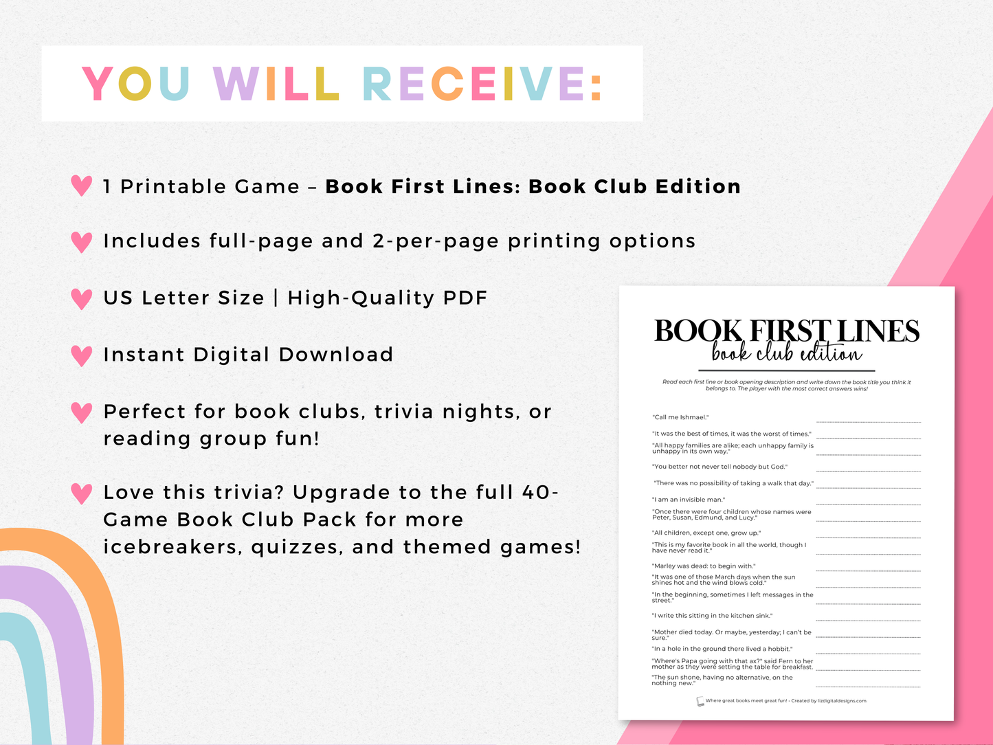 Book First Lines Trivia - Book Club Edition