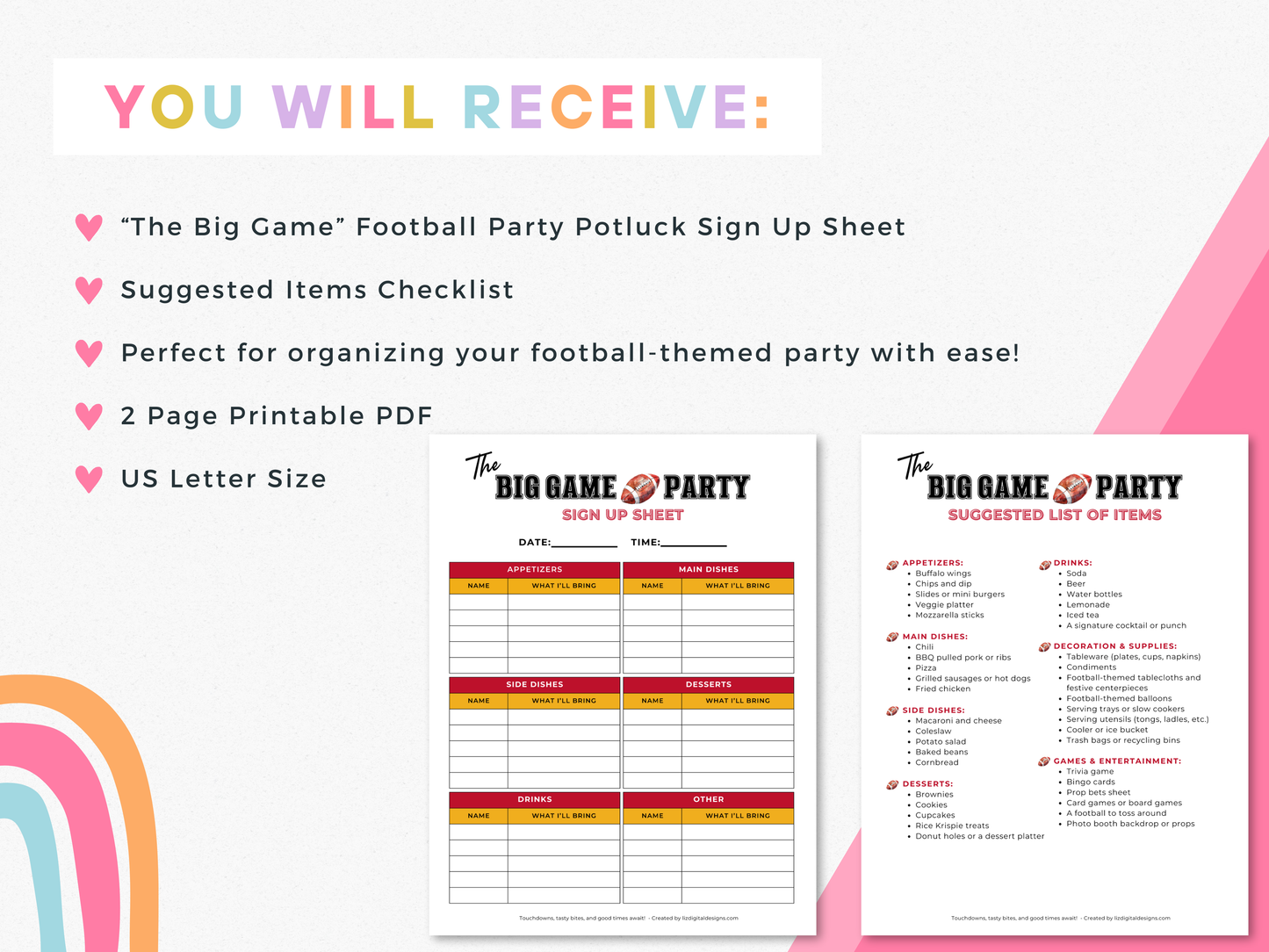 "The Big Game" Football Watch Party Sign Up Sheet