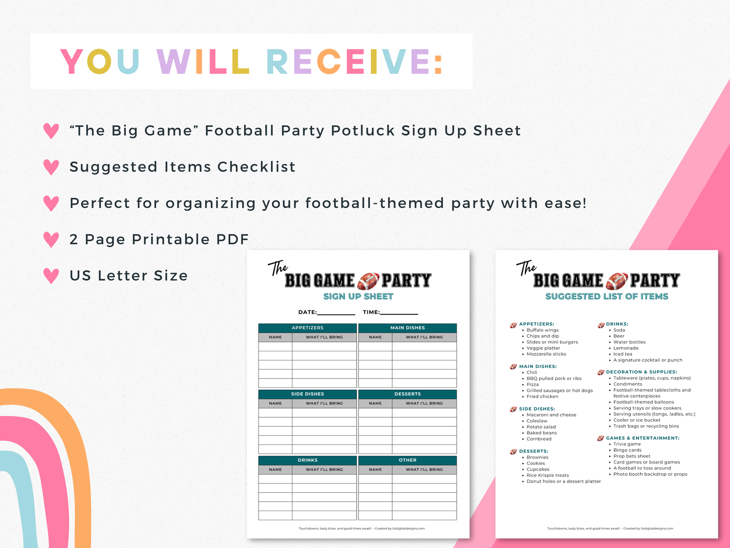 "The Big Game" Football Watch Party Sign Up Sheet
