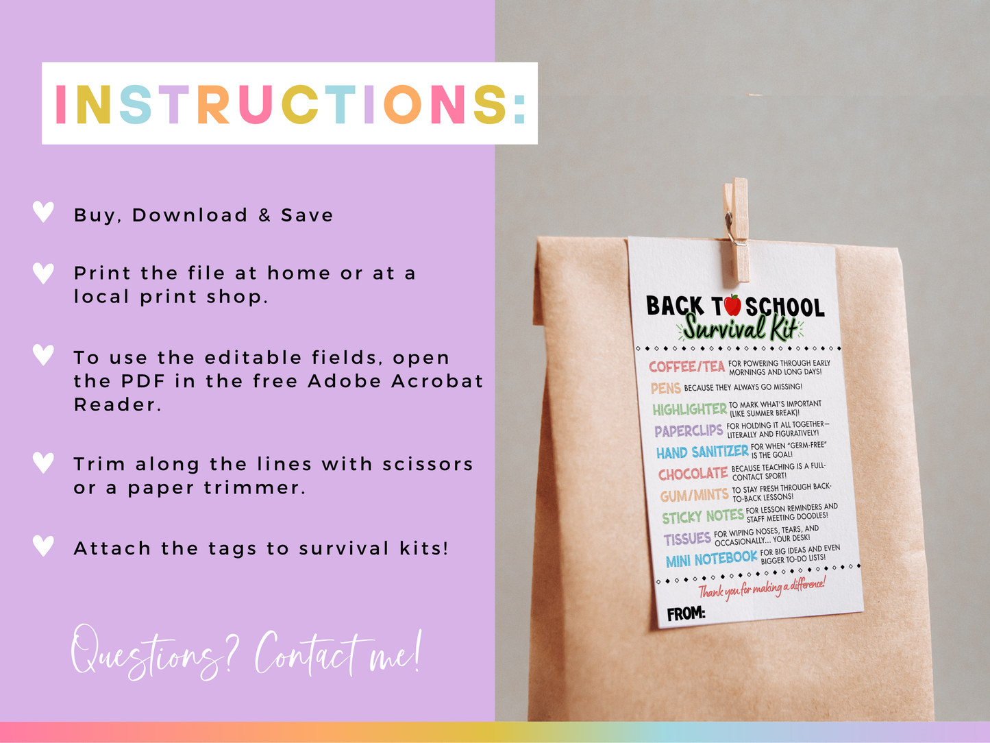 Teacher (Back to School) Survival Kit Tags