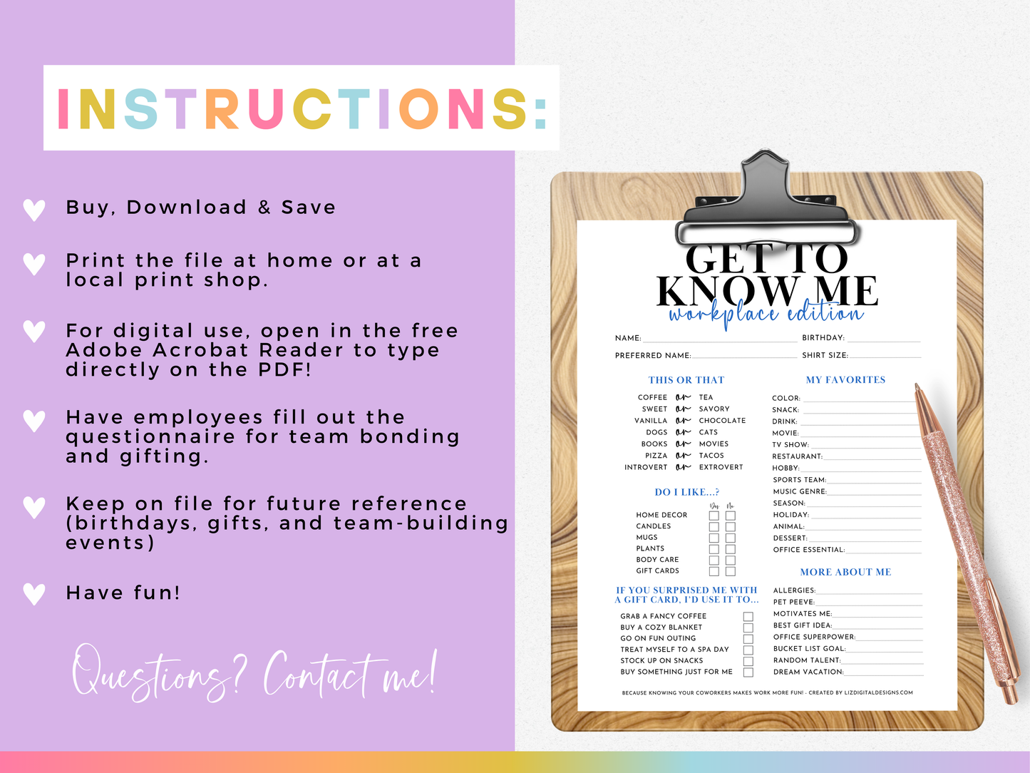 Get to Know Me Questionnaire (Workplace Edition)
