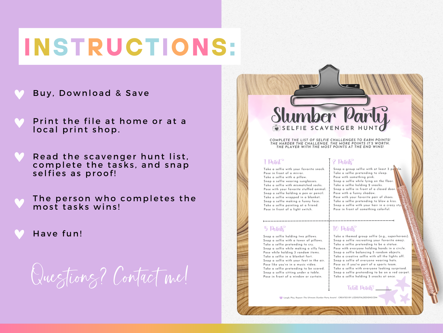 Slumber Party Selfie Scavenger Hunt
