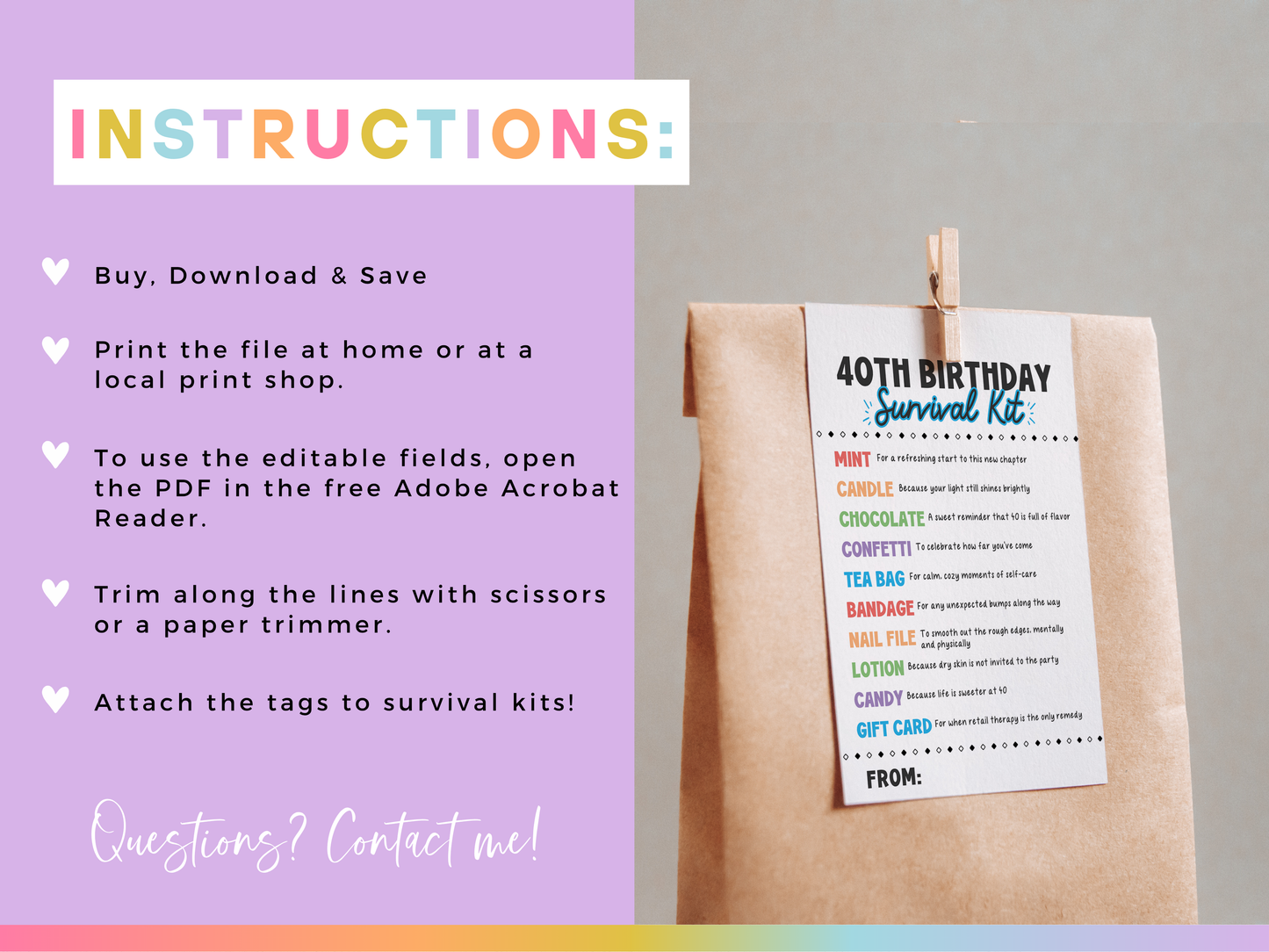 40th Birthday Survival Kit Tags
