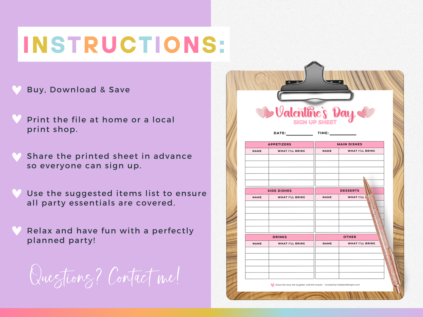 Valentine's Day Potluck Sign Up Sheet