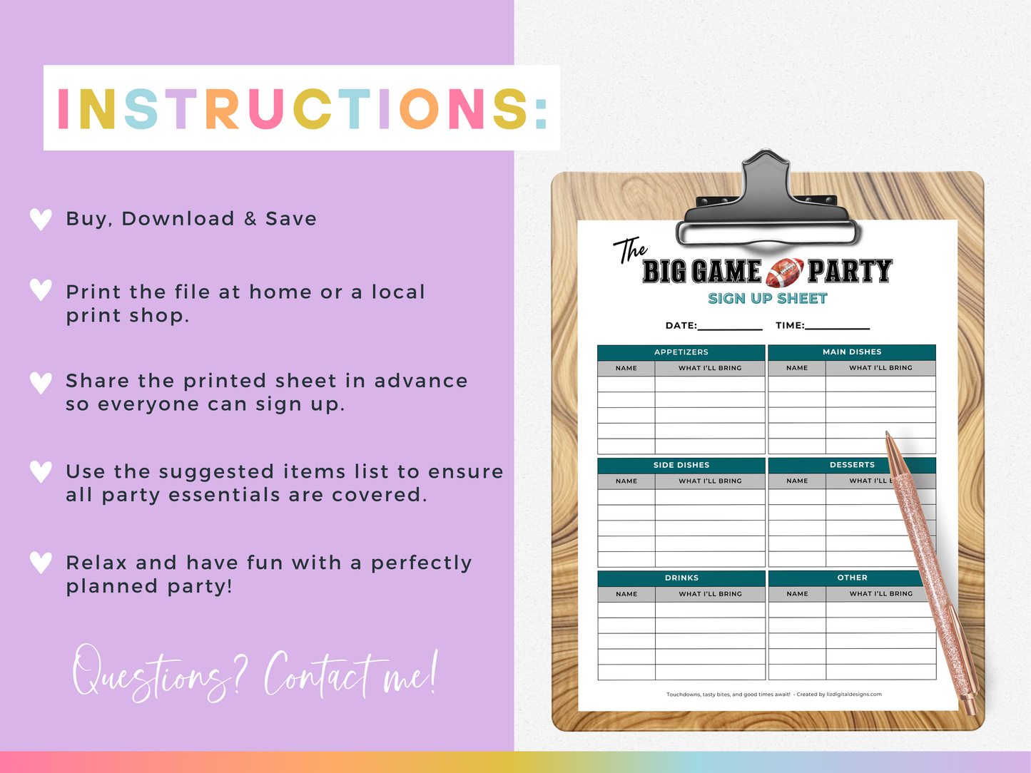 "The Big Game" Football Watch Party Sign Up Sheet