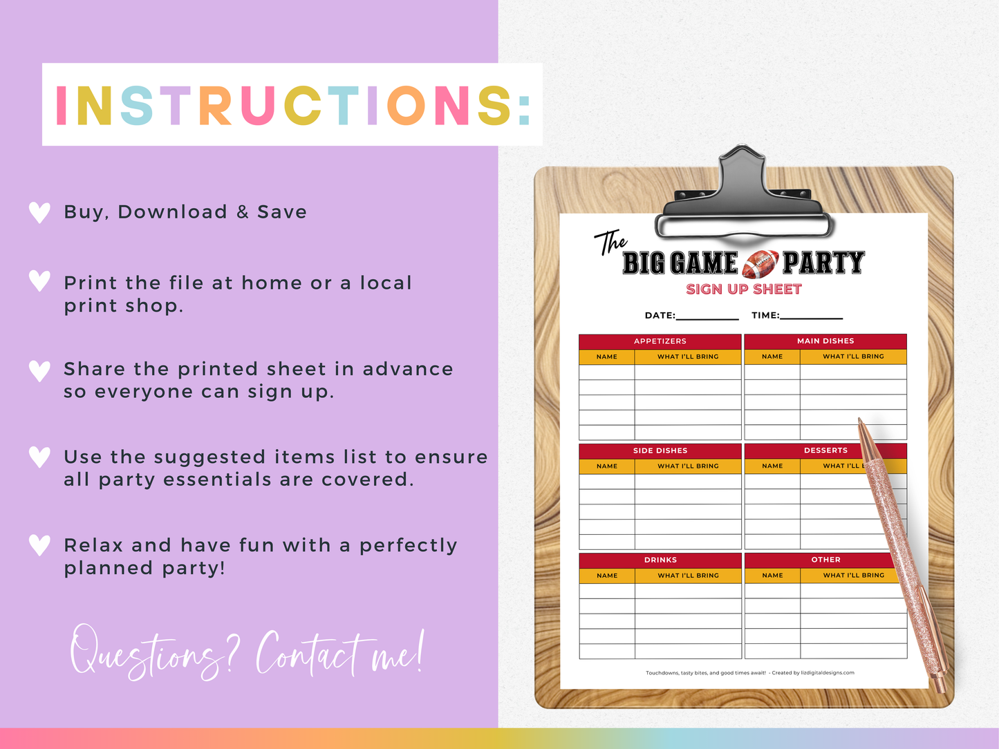 "The Big Game" Football Watch Party Sign Up Sheet