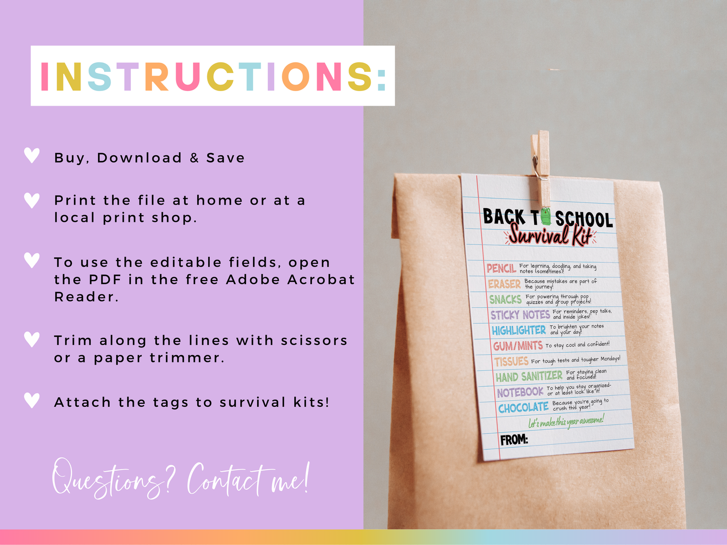 Student (Back to School) Survival Kit Tags