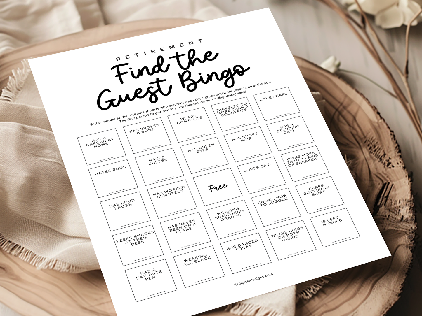 Retirement Party Game - Find the Guest Bingo