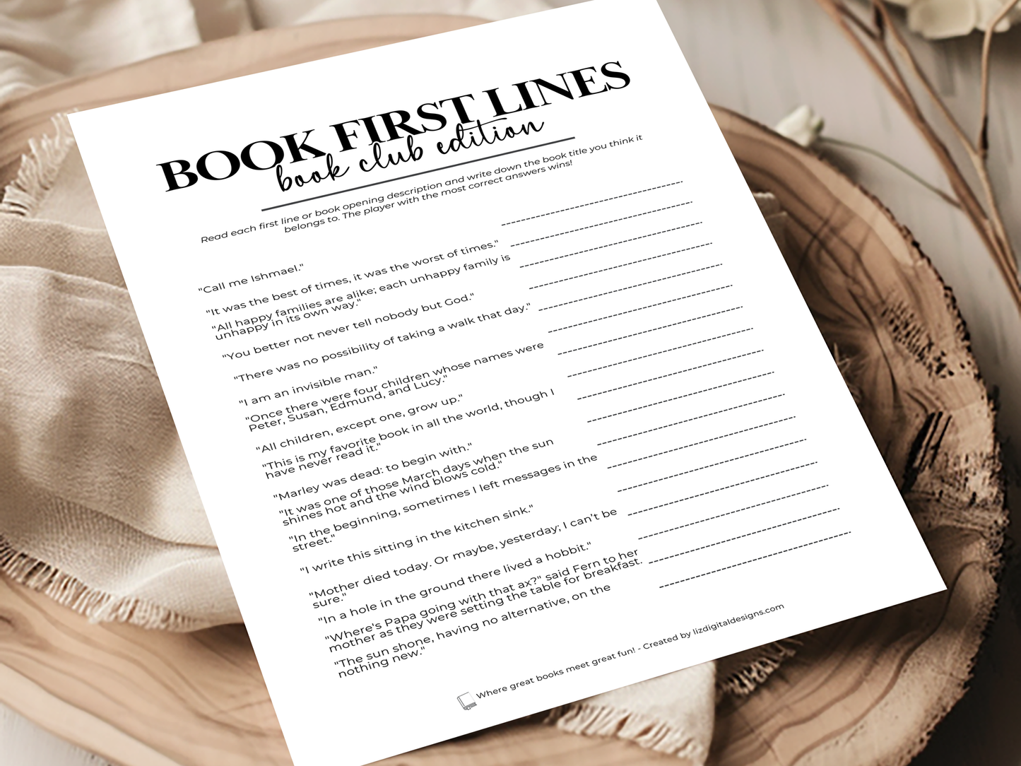 Book First Lines Trivia - Book Club Edition