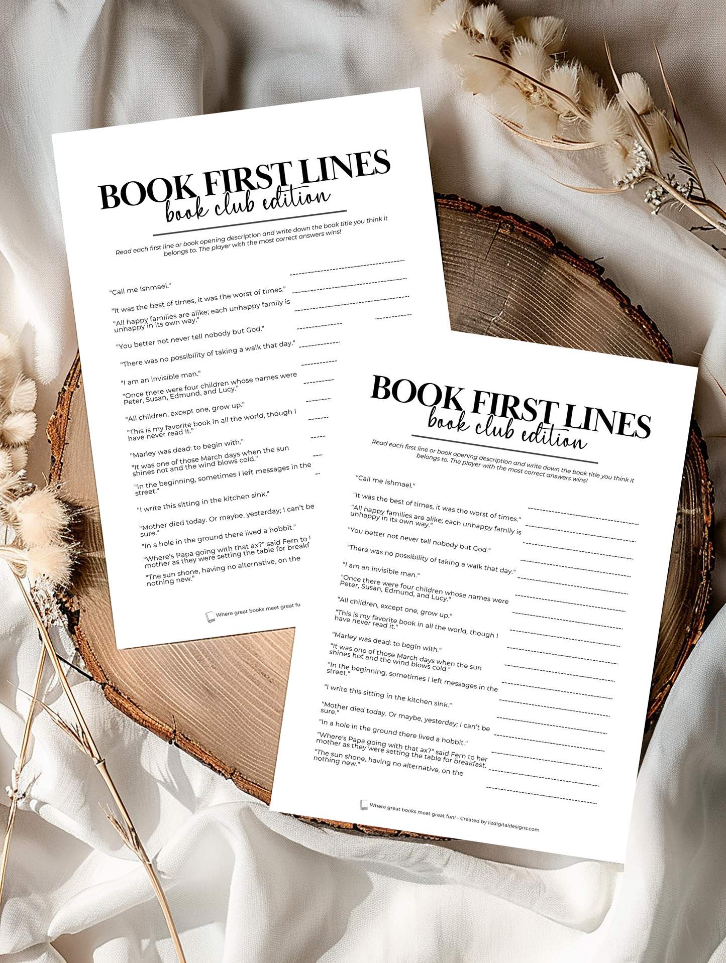 Book First Lines Trivia - Book Club Edition