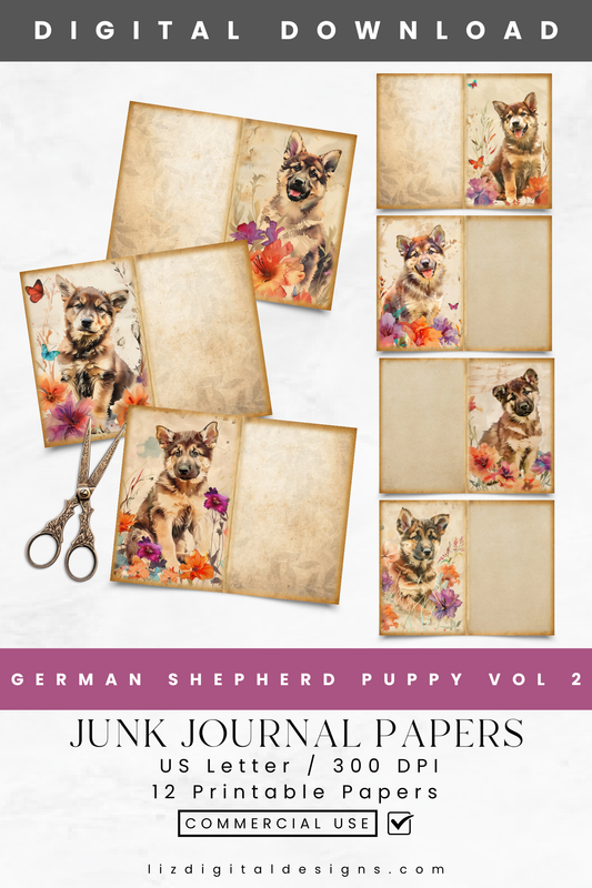 German Shepherd Puppy Vol 2 - Junk Journal & Scrapbooking Paper