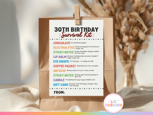 30th Birthday Survival Kit Tags