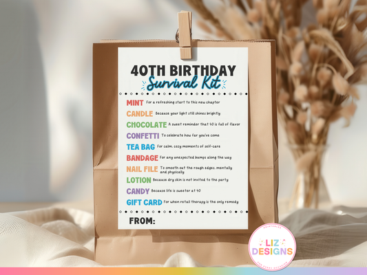 40th Birthday Survival Kit Tags