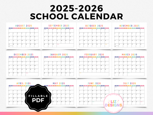 2025-2026 School Year Calendar (Fillable PDF)