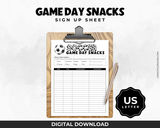 Soccer Game Day Snacks Sign Up Sheet