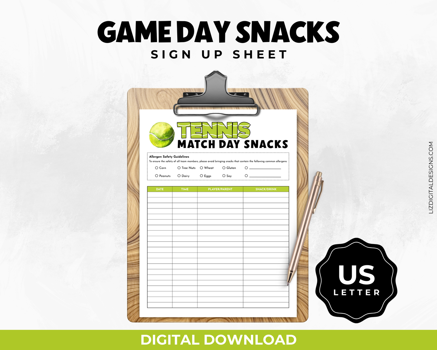 Tennis Game Day Snacks Sign Up Sheet