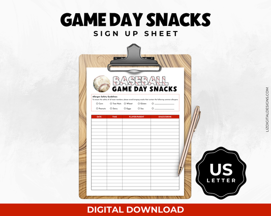 Baseball Game Day Snacks Sign Up Sheet