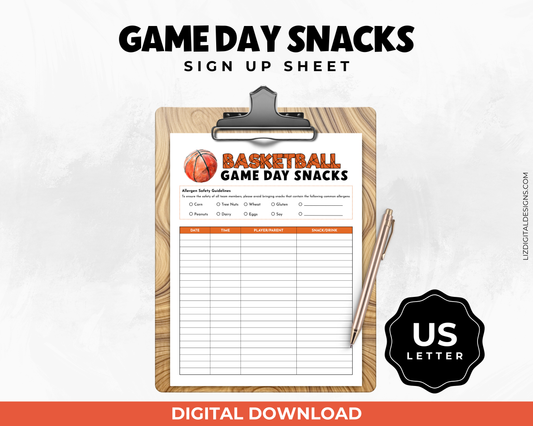 Basketball Game Day Snacks Sign Up Sheet