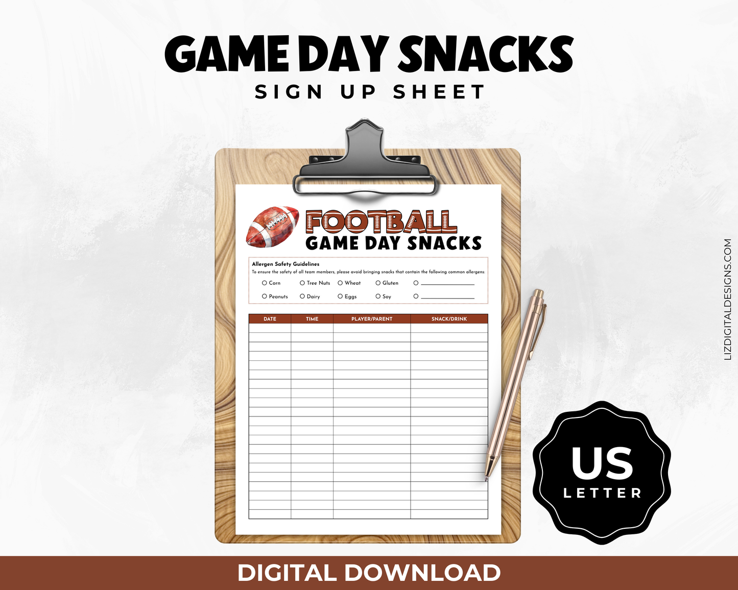 Football Game Day Snacks Sign Up Sheet