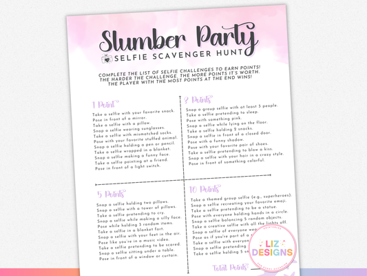 Slumber Party Selfie Scavenger Hunt