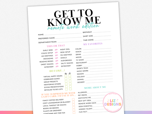 Get to Know Me Questionnaire (Remote Work Edition)