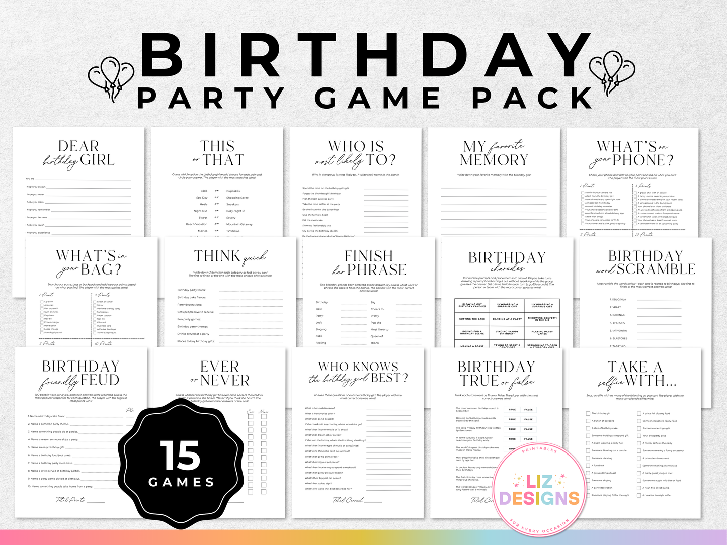 Birthday Games for Her Party Game Pack
