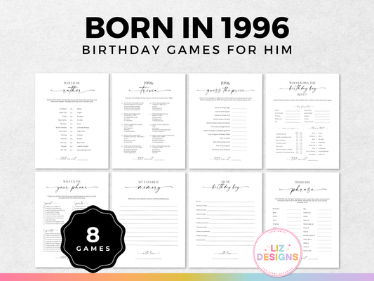 Born in 1996 - Birthday Party Game Pack for Him