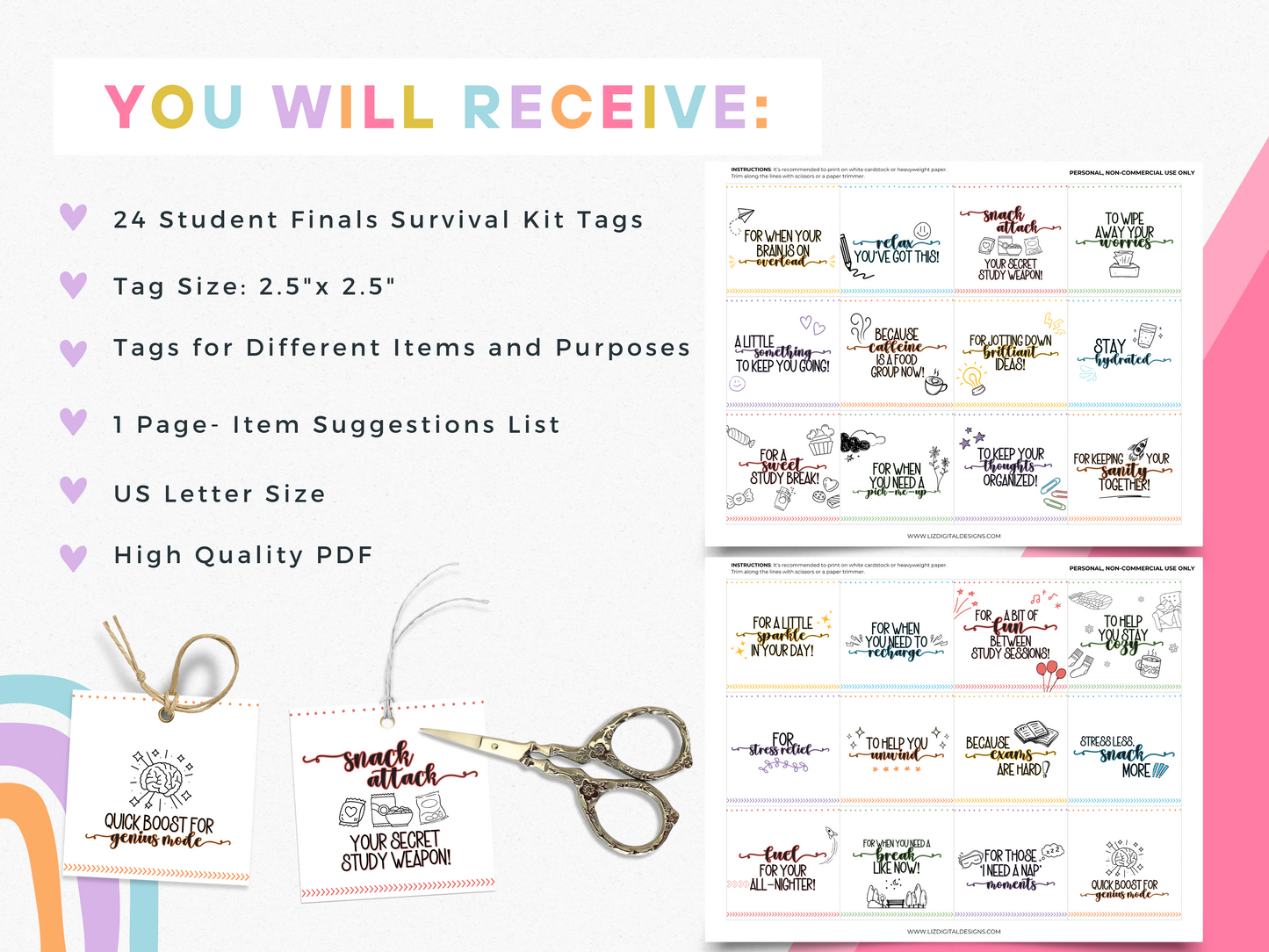 Student Finals Survival Kit Tags (24 Tags)