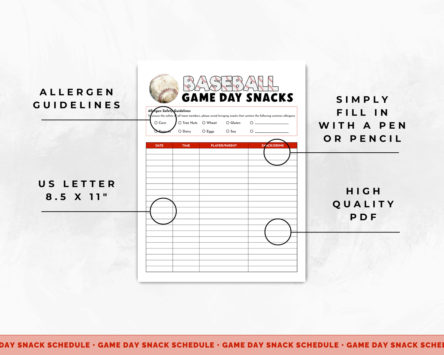 Baseball Game Day Snacks Sign Up Sheet