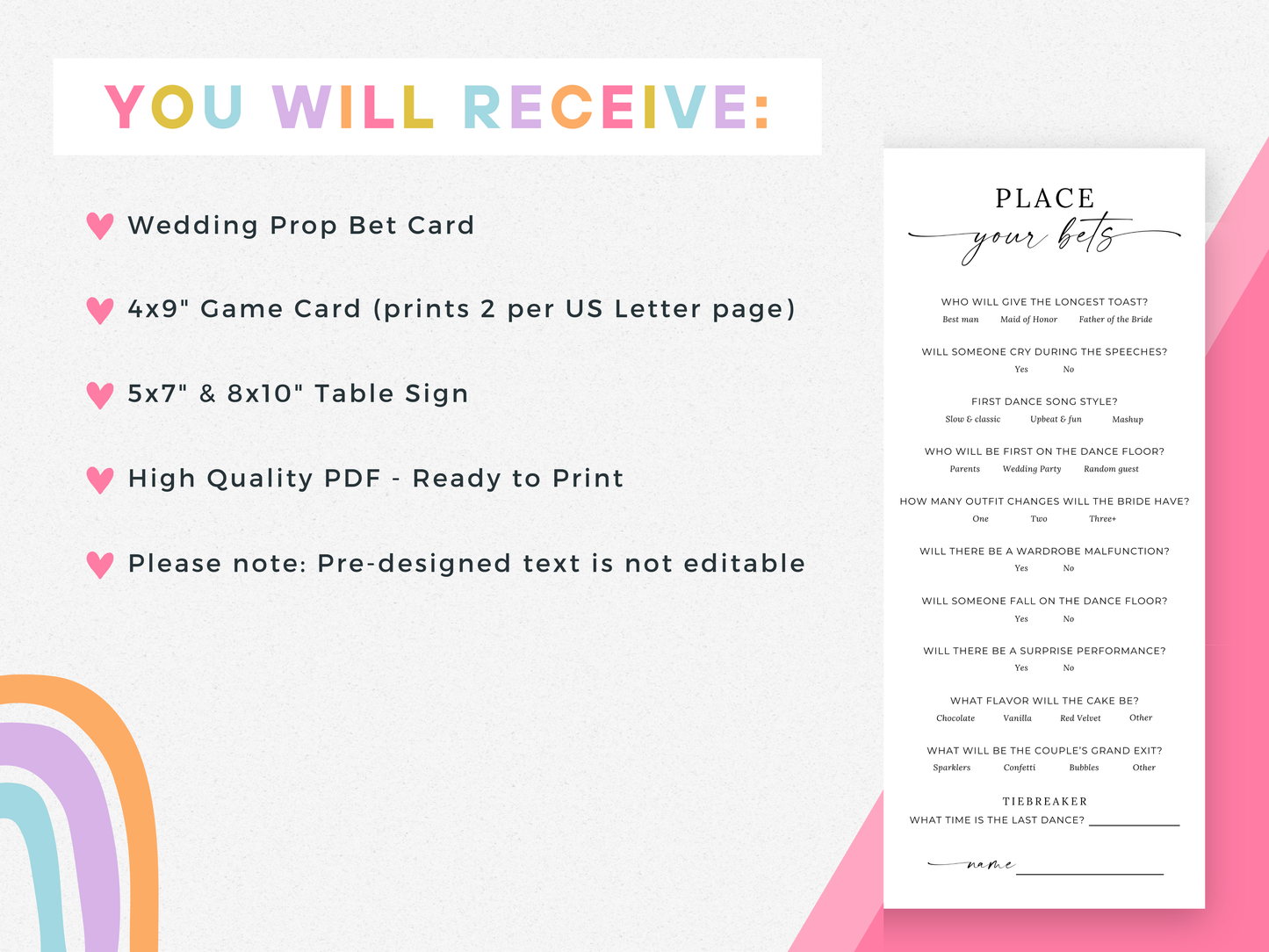 "Place Your Bets" Wedding Prop Bet Game