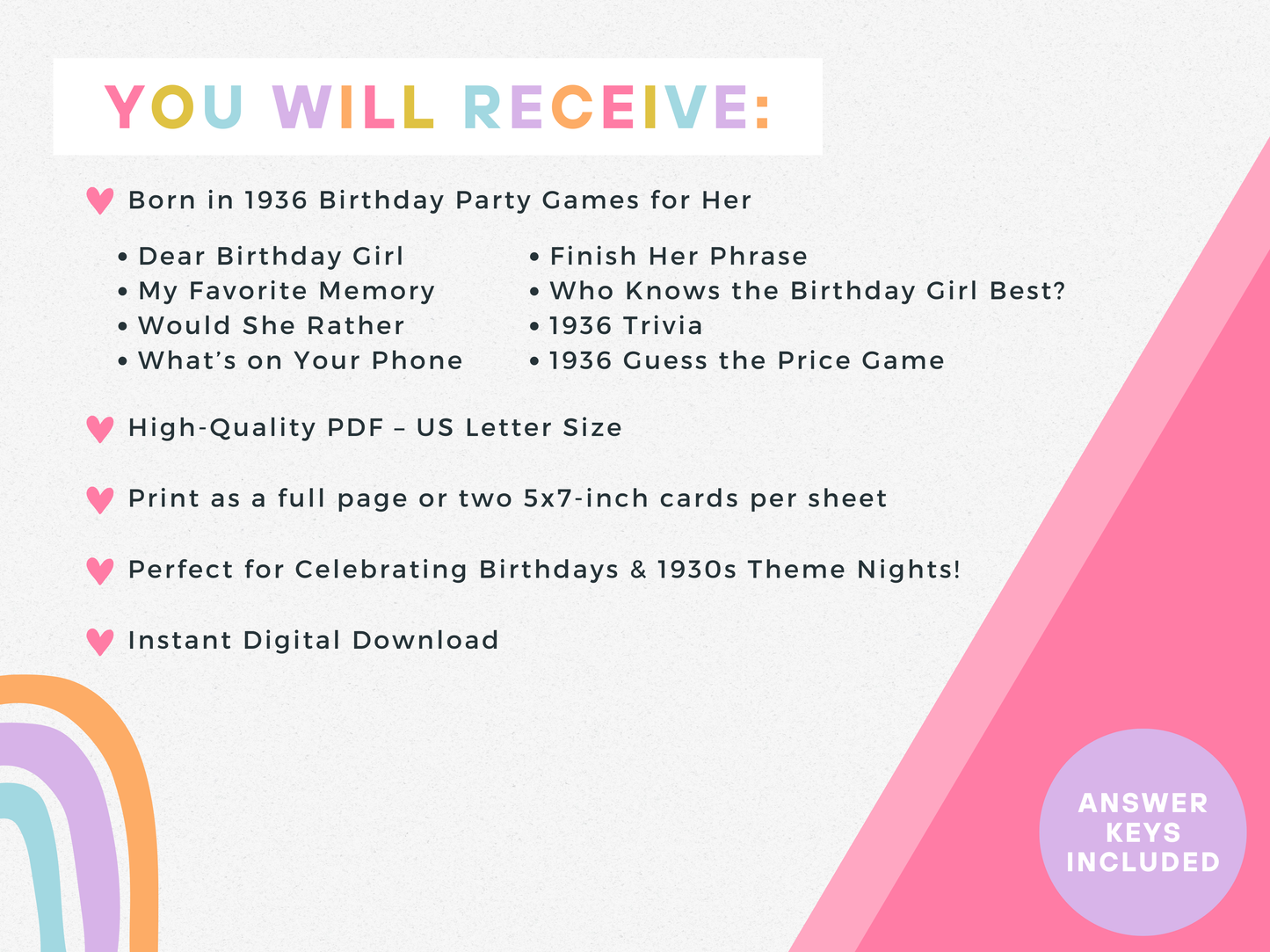 Born in 1936 - Birthday Party Game Pack for Her