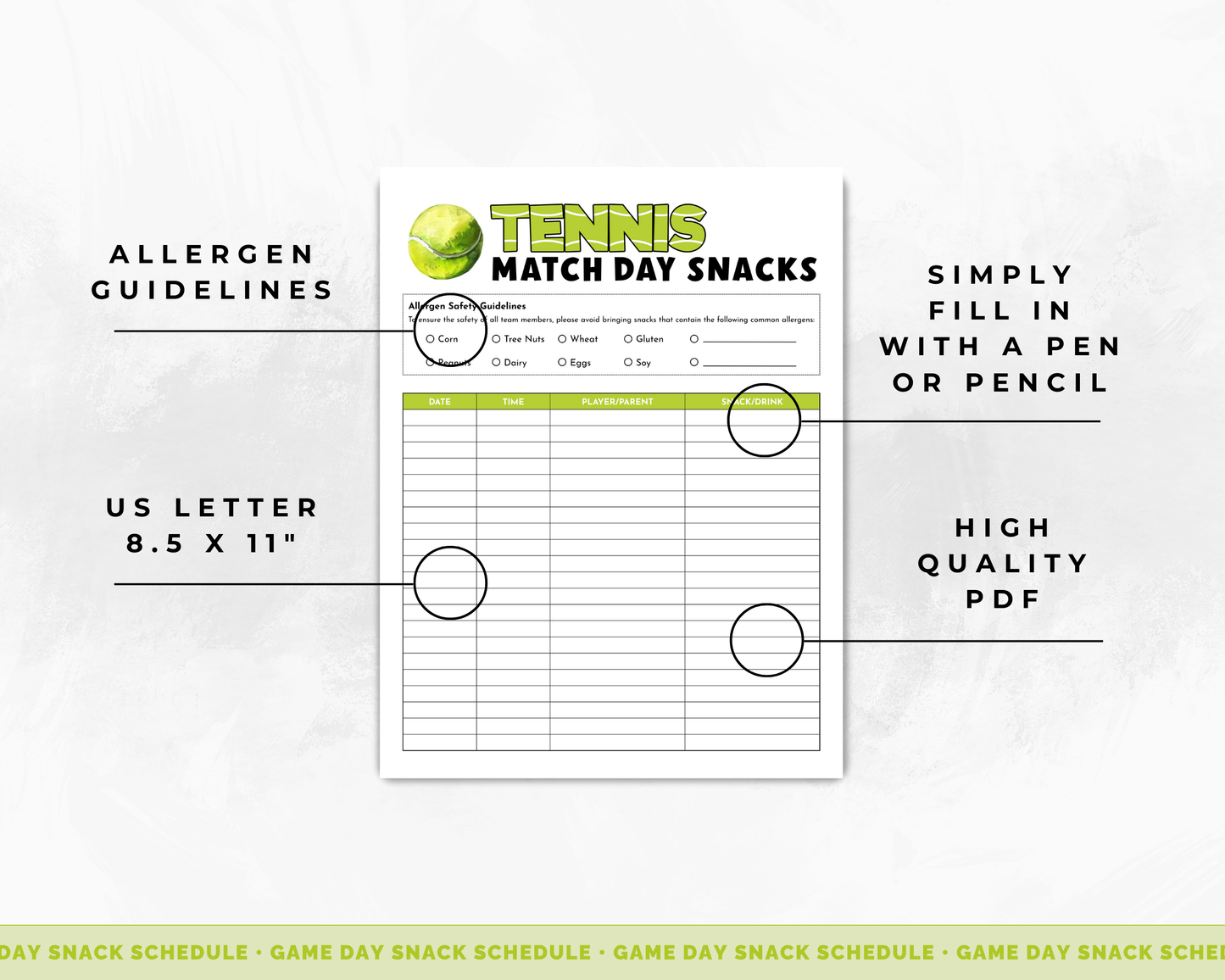 Tennis Game Day Snacks Sign Up Sheet