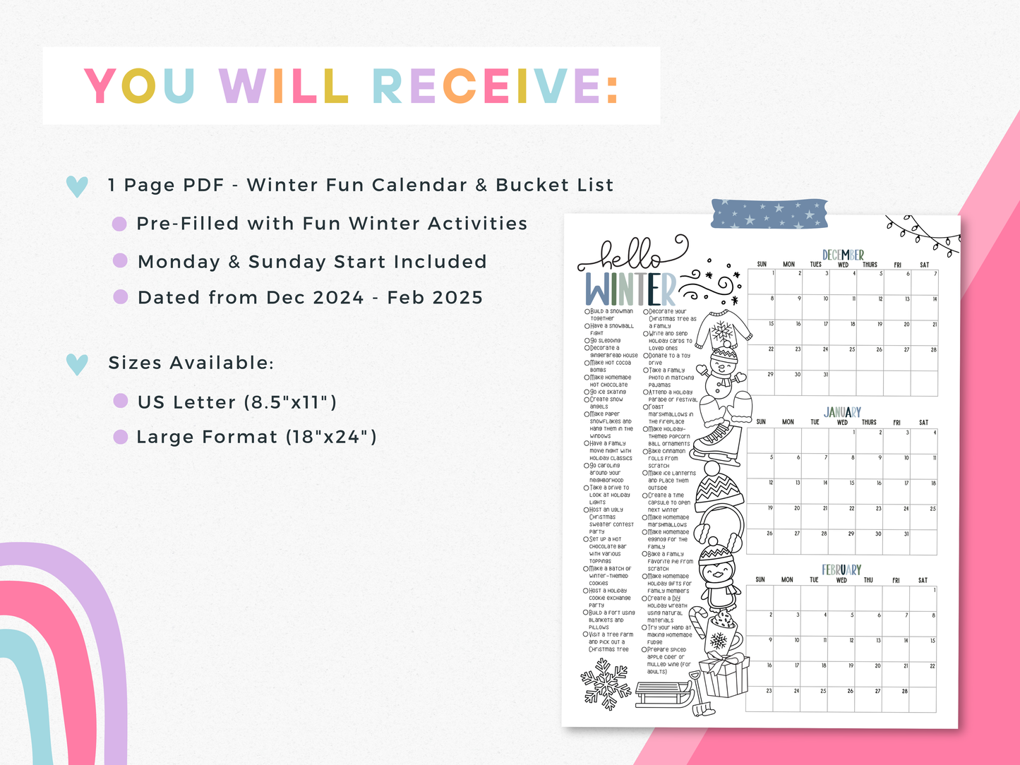 Winter Fun Bucket List & Calendar (Dec 2024-Feb 2025)