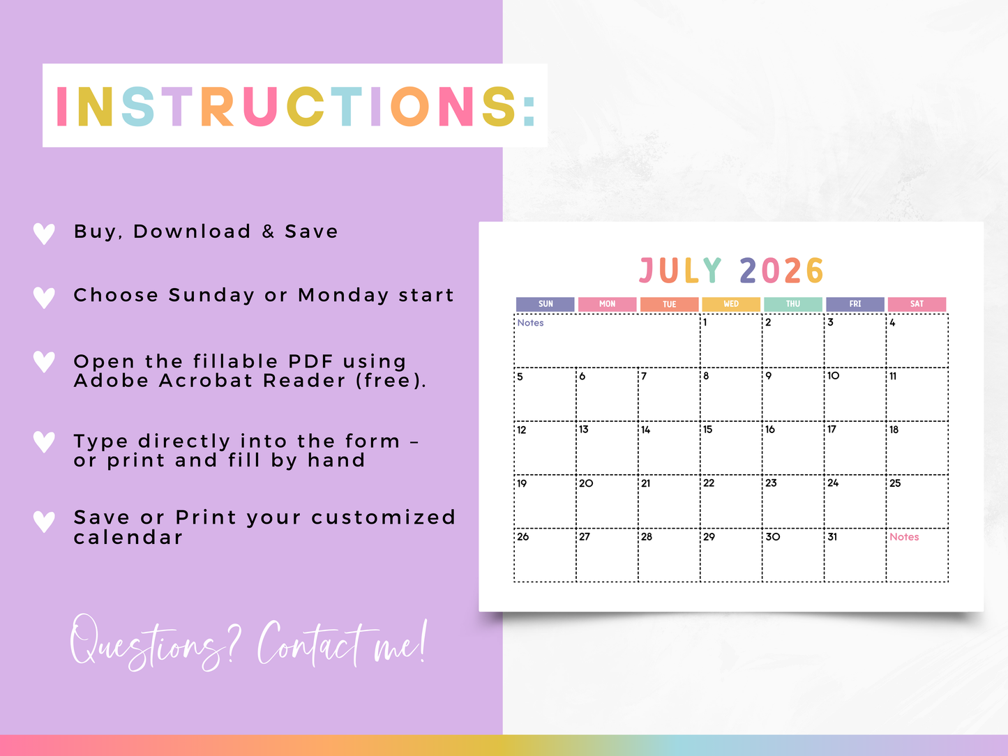2025-2026 School Year Calendar (Fillable PDF)
