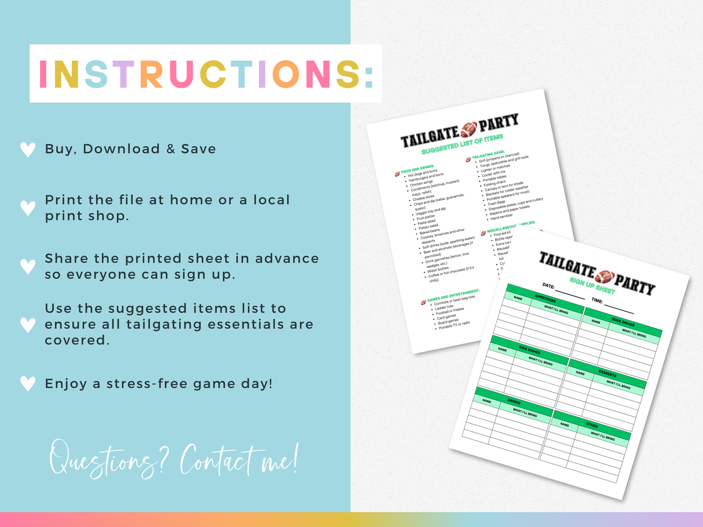 Football Tailgate Party Sign Up Sheet