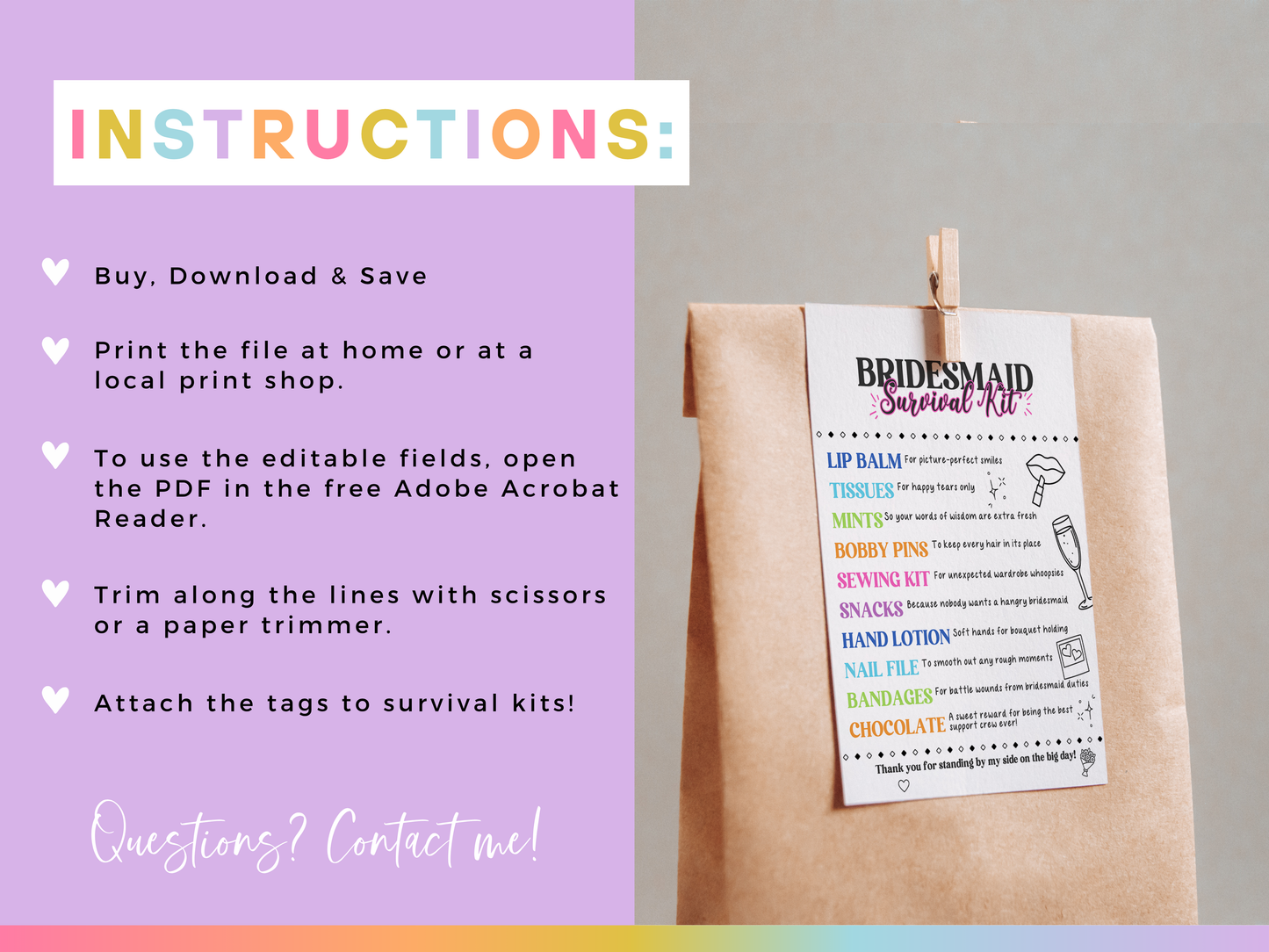 Bridesmaid Survival Kit Tags